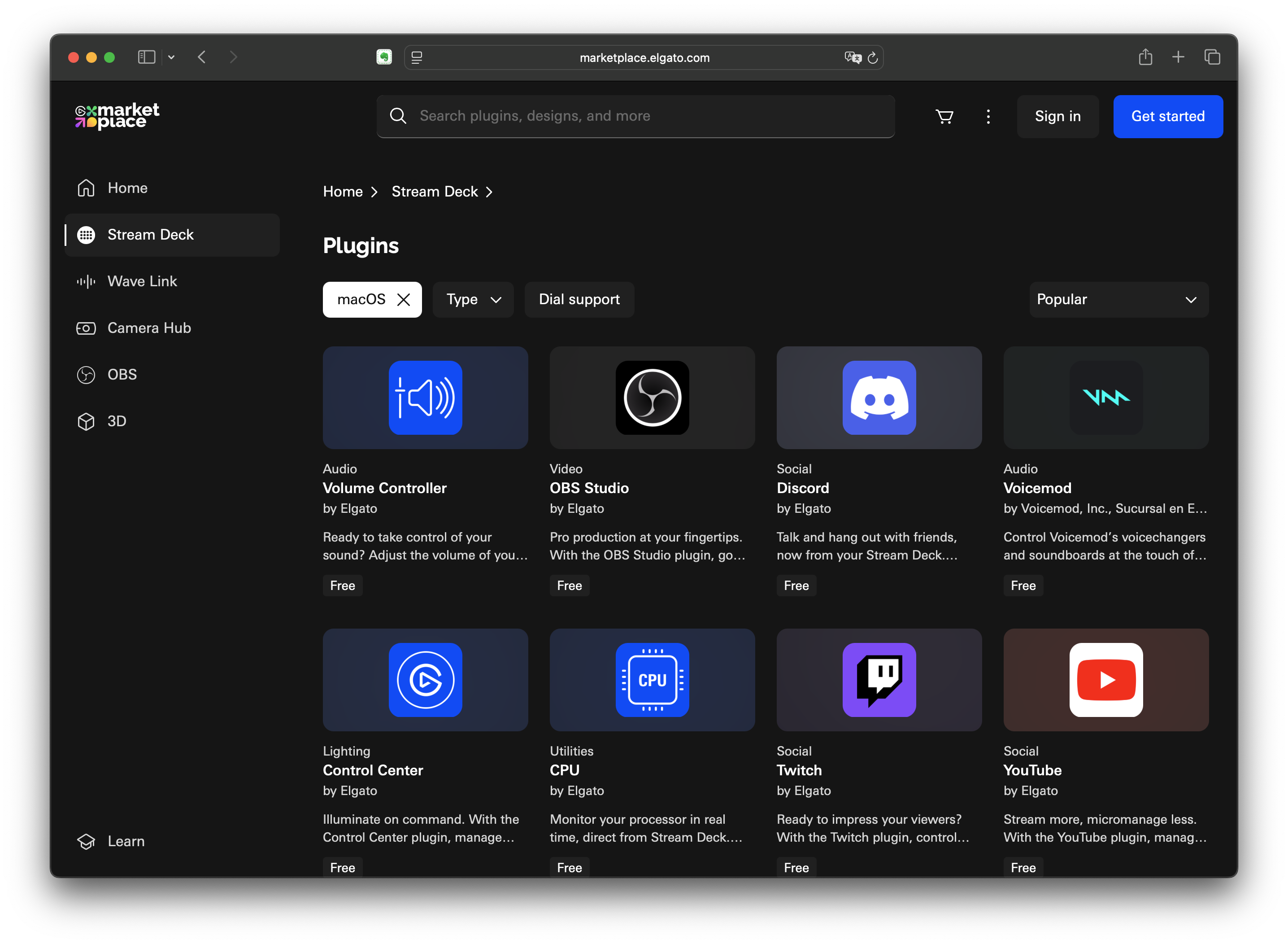 Elgato 마켓 플러그인 목록 화면